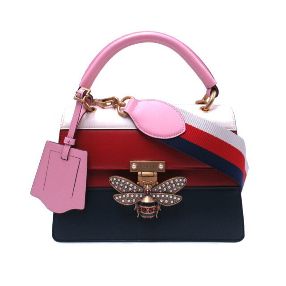 Gucci Queen Margaret Shoulder Bag Leather White Navy Blue Tricolor
